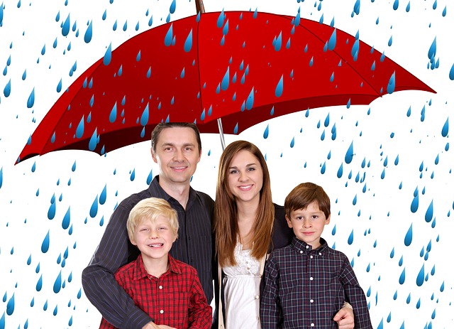 rodina v dešti